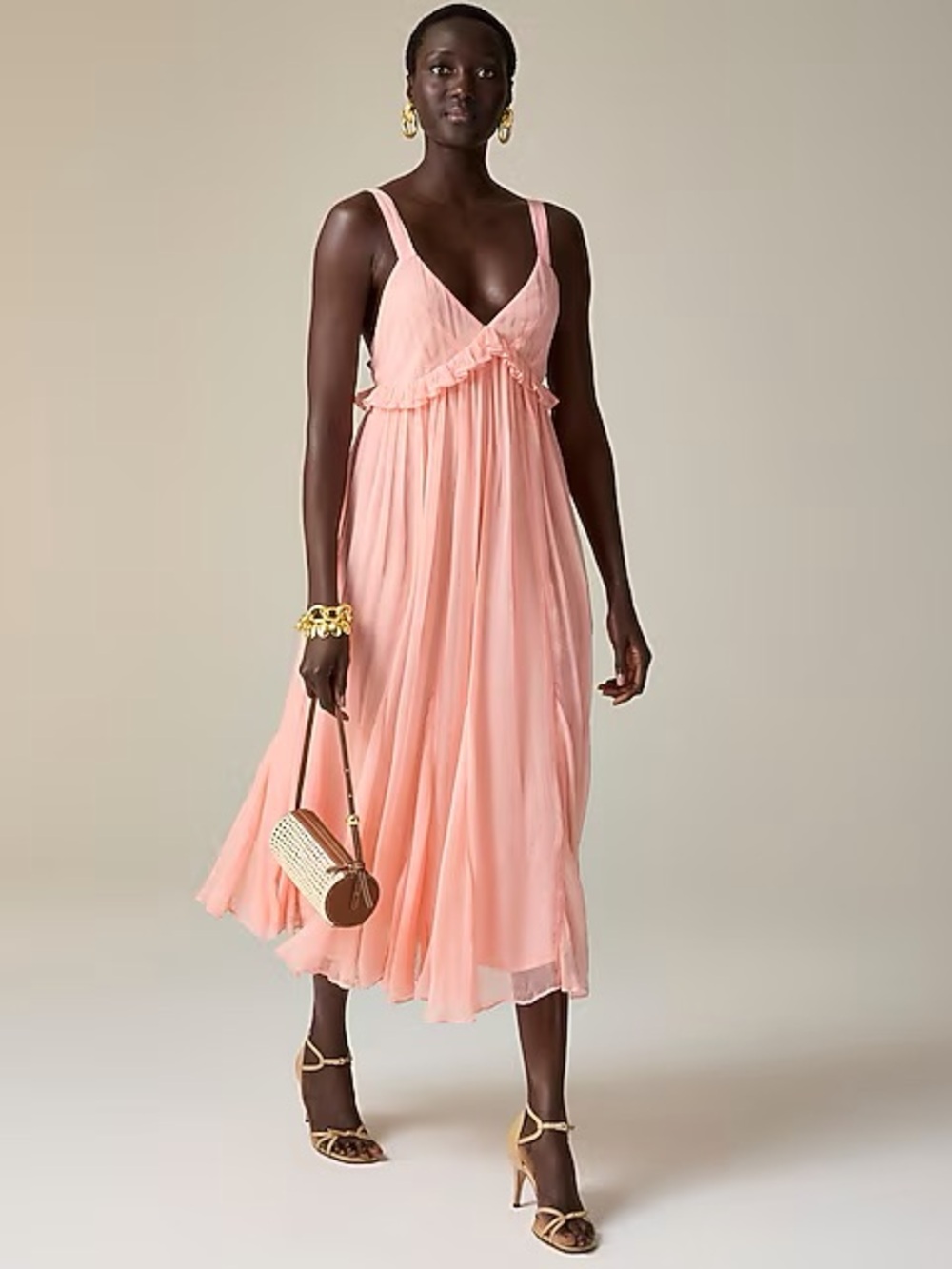 J.CREW Collection Ruffle-Trim Midi Dress Crinkle Cupro Blushed Peach Size 12